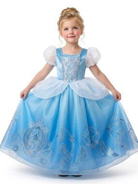Girls Cinderella Princess Costume Dress Blue Velvet Tulle Glass Slipper Birthday